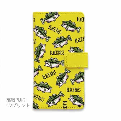 【手帳型】【釣りざんまい】ドット絵のブラックバスがいっぱい_カラフルイエロー