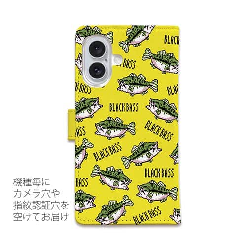 【手帳型】【釣りざんまい】ドット絵のブラックバスがいっぱい_カラフルイエロー