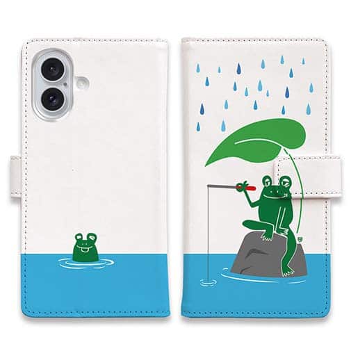 【手帳型】【釣りざんまい】カエルが雨の中釣りをするでケロ