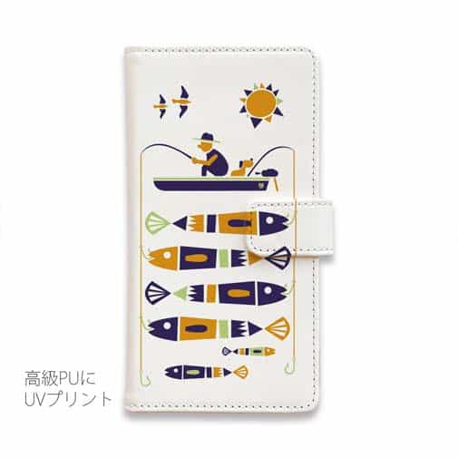 【手帳型】【釣りざんまい】愛犬と釣りを楽しむアングラー_カラフルホワイト