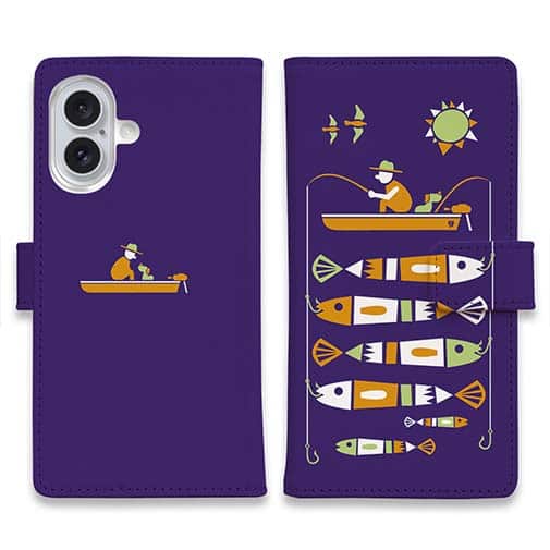 【手帳型】【釣りざんまい】愛犬と釣りを楽しむアングラー_カラフルパープル