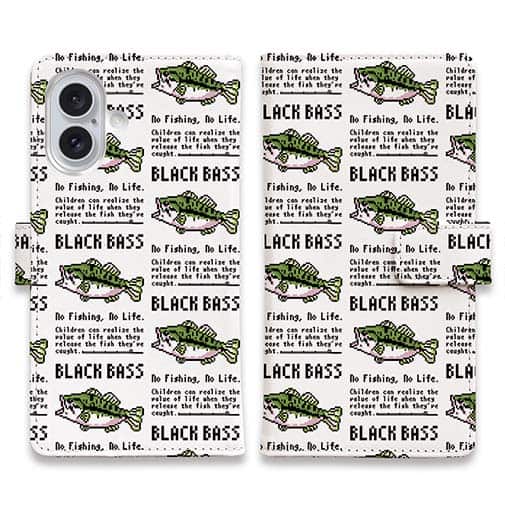 【手帳型】【釣りざんまい】ドット絵のブラックバス_英字新聞風ホワイト