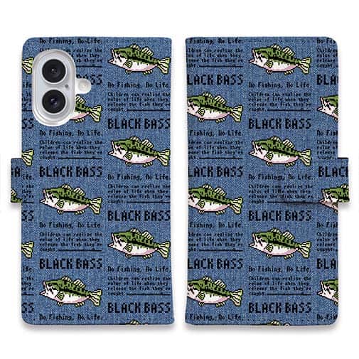 【手帳型】【釣りざんまい】ドット絵のブラックバス_英字新聞風デニム