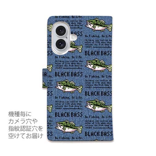 【手帳型】【釣りざんまい】ドット絵のブラックバス_英字新聞風デニム