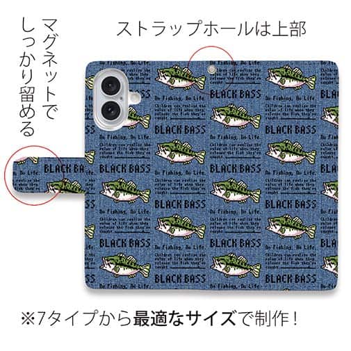【手帳型】【釣りざんまい】ドット絵のブラックバス_英字新聞風デニム