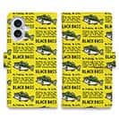 【手帳型】【釣りざんまい】ドット絵のブラックバス_英字新聞風イエロー