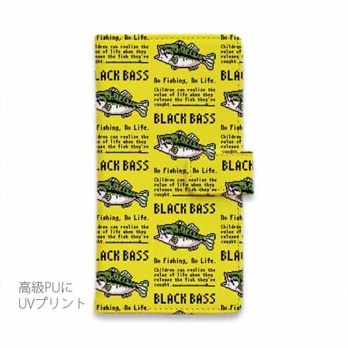 【手帳型】【釣りざんまい】ドット絵のブラックバス_英字新聞風イエロー