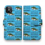 【手帳型】【釣りざんまい】ドット絵のブラックバス_英字新聞風スカイブルー