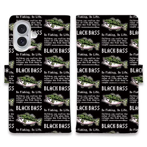 【手帳型】【釣りざんまい】ドット絵のブラックバス_英字新聞風ブラック