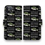 【手帳型】【釣りざんまい】ドット絵のブラックバス_英字新聞風ブラック