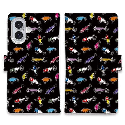 【手帳型】【釣りざんまい】ルアーコレクション_カラフルブラック