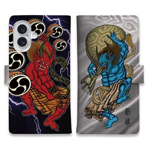 【彫姫】【手帳型】風神雷神 和彫りデザイン