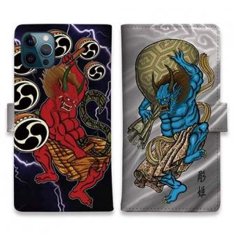 【彫姫】【手帳型】風神雷神　和彫りデザイン