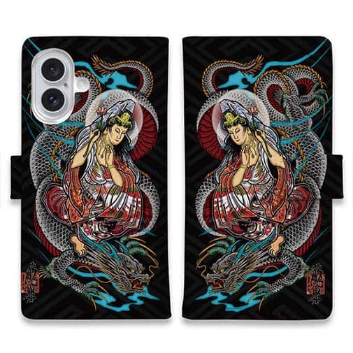 【彫姫】【手帳型】騎龍観音 和彫りデザイン