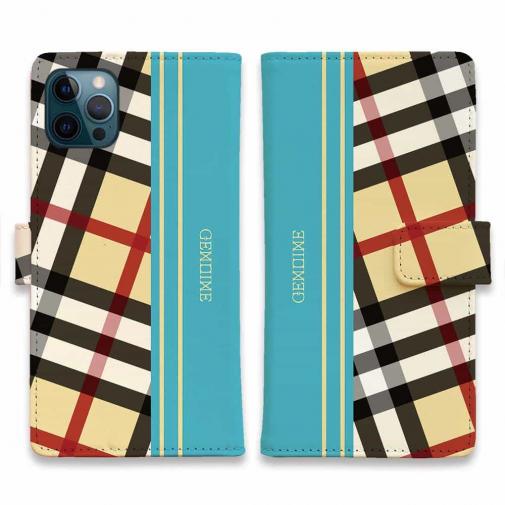 【Genuine】【手帳型】チェック柄　ベージュ＆ブルー