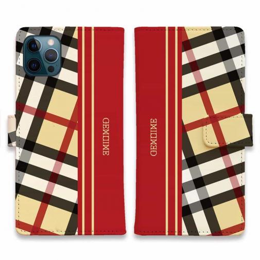 【Genuine】【手帳型】チェック柄　ベージュ＆レッド