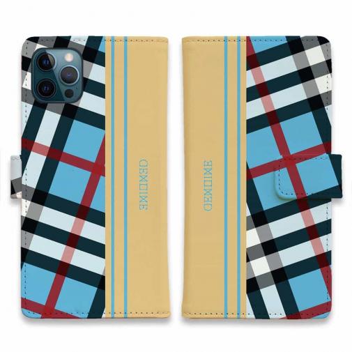 【Genuine】【手帳型】チェック柄 ブルー&クリーム