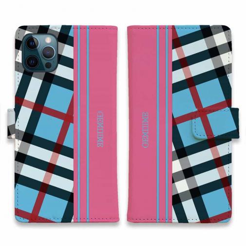 【Genuine】【手帳型】チェック柄 ブルー&ピンク