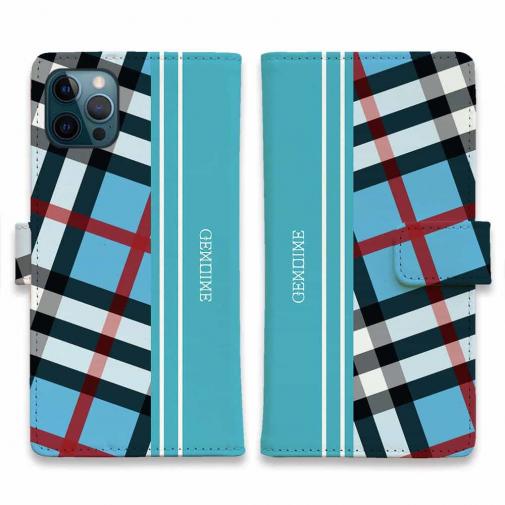 【Genuine】【手帳型】チェック柄 ブルー&ブルー
