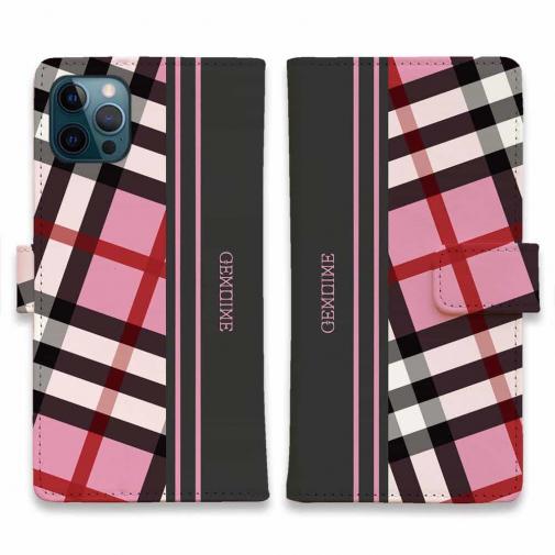 【Genuine】【手帳型】チェック柄 ピンク&グレー