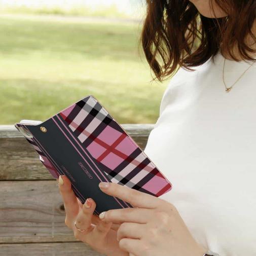 【Genuine】【手帳型】チェック柄　ピンク＆グレー