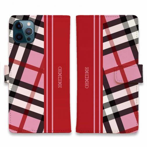 【Genuine】【手帳型】チェック柄 ピンク&レッド