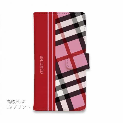【Genuine】【手帳型】チェック柄　ピンク＆レッド