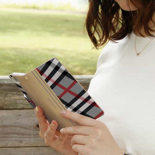 【Genuine】【手帳型】チェック柄　グレー＆クリーム