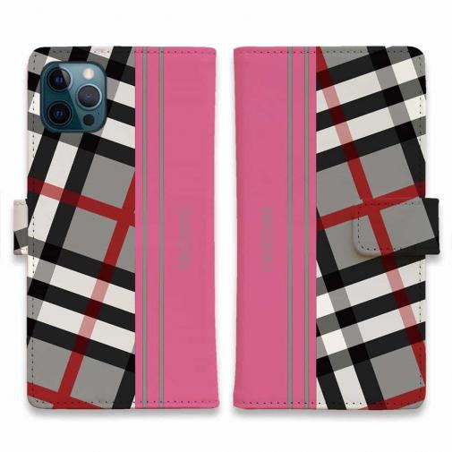 【Genuine】【手帳型】チェック柄 グレー&ピンク