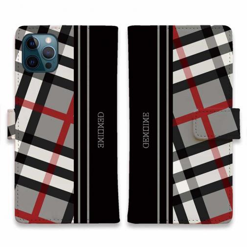 【Genuine】【手帳型】チェック柄 グレー&ブラック