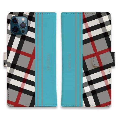 【Genuine】【手帳型】チェック柄 グレー&ブルー