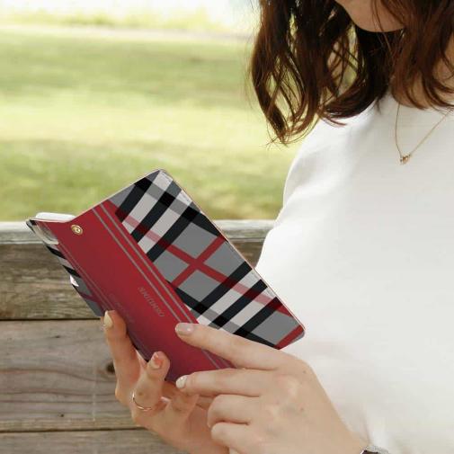 【Genuine】【手帳型】チェック柄　グレー＆レッド