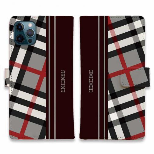 【Genuine】【手帳型】チェック柄 グレー&ブラウン