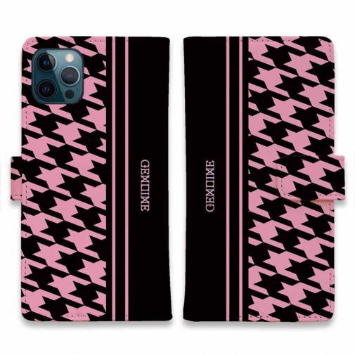 【Genuine】【手帳型】千鳥柄 ブラック&ピンク