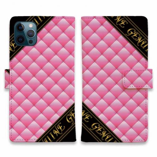 【Genuine】【手帳型】マトラッセ柄 ダイアゴナル チェック ピーチピンク