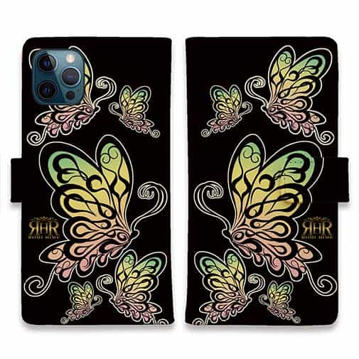 【ROMI HIME】【手帳型】蝶 トライバル レインボー ブラック