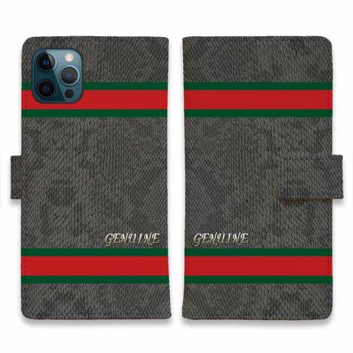 【Genuine】【手帳型】蛇柄 黒蛇 ブラック 横ライン 験担ぎ