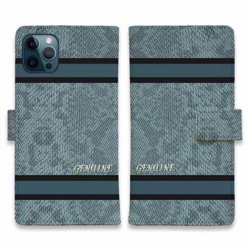 【Genuine】【手帳型】蛇柄 黒蛇 ブルー 横ライン 験担ぎ