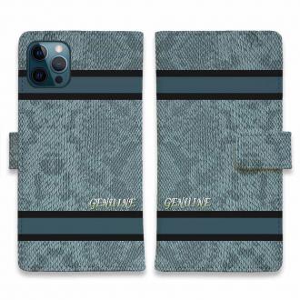 【Genuine】【手帳型】蛇柄 黒蛇 ブルー 横ライン 験担ぎ