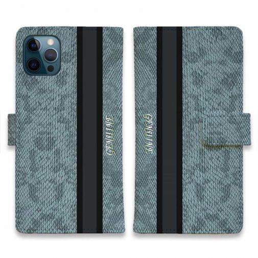 【Genuine】【手帳型】蛇柄 黒蛇 ブルー 縦ライン 験担ぎ