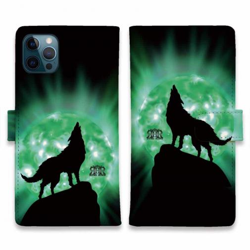 【ROMI HIME】【手帳型】狼エメラルドグリーン 月