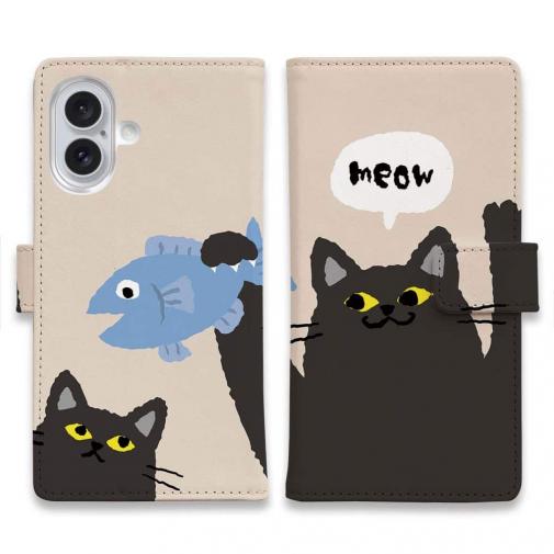 【手帳型】サカナもってワーイなネコ_黒猫(wakat)