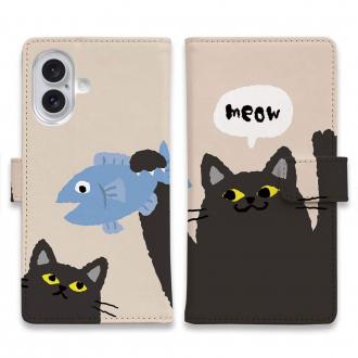 【手帳型】サカナもってワーイなネコ_黒猫(wakat)