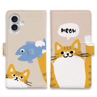 【手帳型】サカナもってワーイなネコ_茶白猫(wakat)