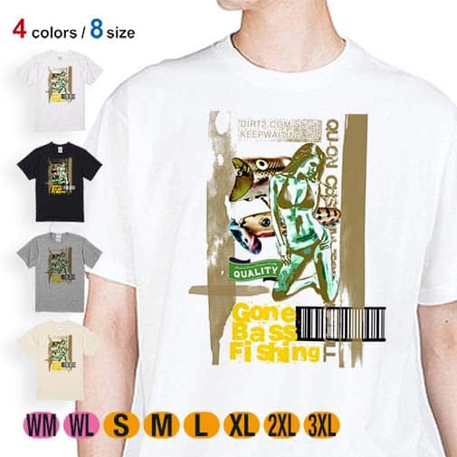 【Tシャツ】Gone Bass Fishing ローライダーポスター風 イエロー 5.6oz Cotton:100%