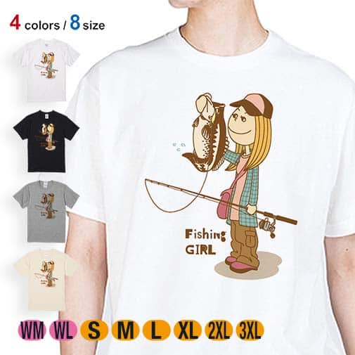 【Tシャツ】釣りガール　イラスト　ブラックバス 5.6oz Cotton:100%