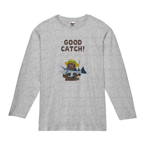 【長袖Tシャツ】【釣りざんまい】サケを釣るクマさん  5.6oz Cotton:100%