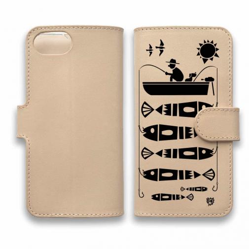 【手帳型】【釣りざんまい】本革 愛犬と釣りを楽しむアングラー