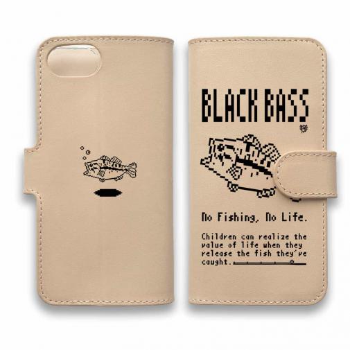 【手帳型】【釣りざんまい】本革 ドット絵のブラックバス