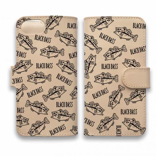 【手帳型】【釣りざんまい】本革 ドット絵のブラックバスがいっぱい